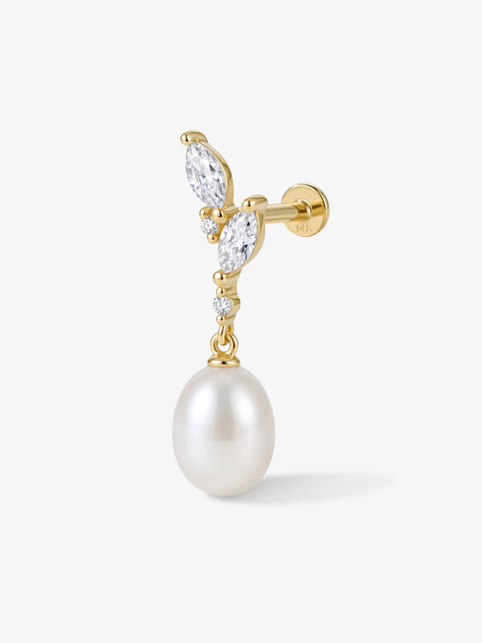 ANKIEJOY Cove 14K Gold Marquise Moissanite Shell Pearl Dangle Flat Back Stud