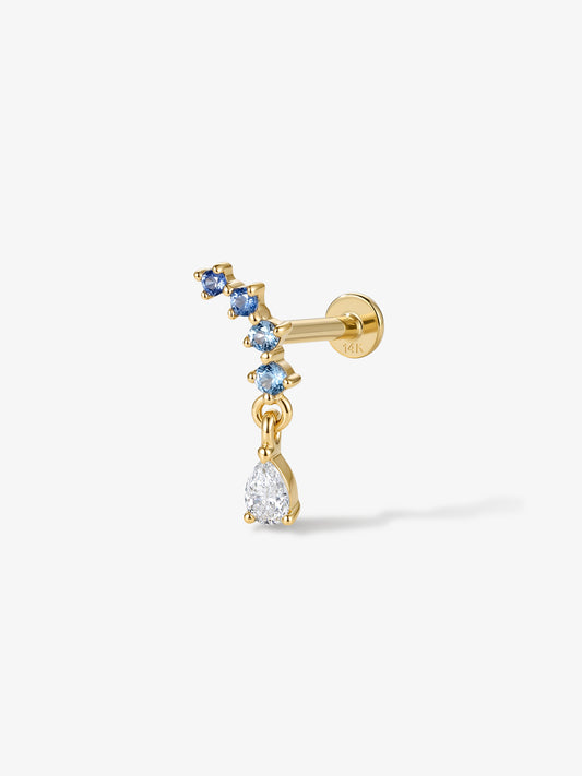 ANKIEJOY Tidal 14K Gold Blue Sapphire and Pear Moissanite Dangle Flat Back Stud