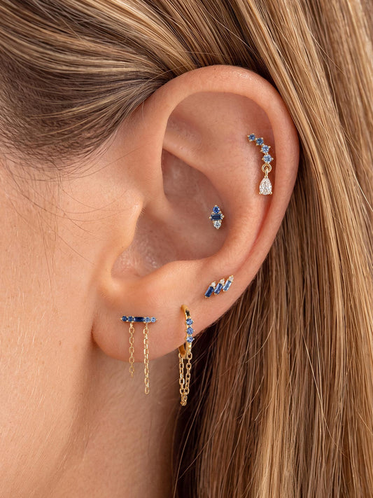 ANKIEJOY Tidal 14K Gold Blue Sapphire Chain Tassel Flat Back Threaded Stud