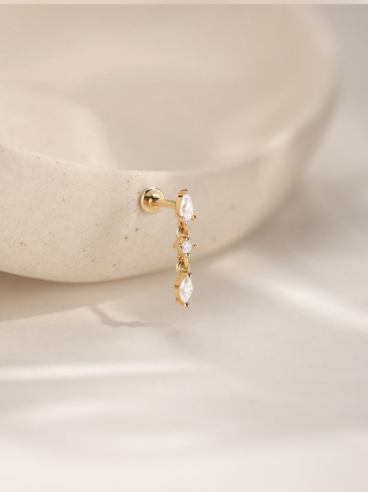 ANKIEJOY Marquise 14K Solid Gold Drop Chain Flat Back Stud